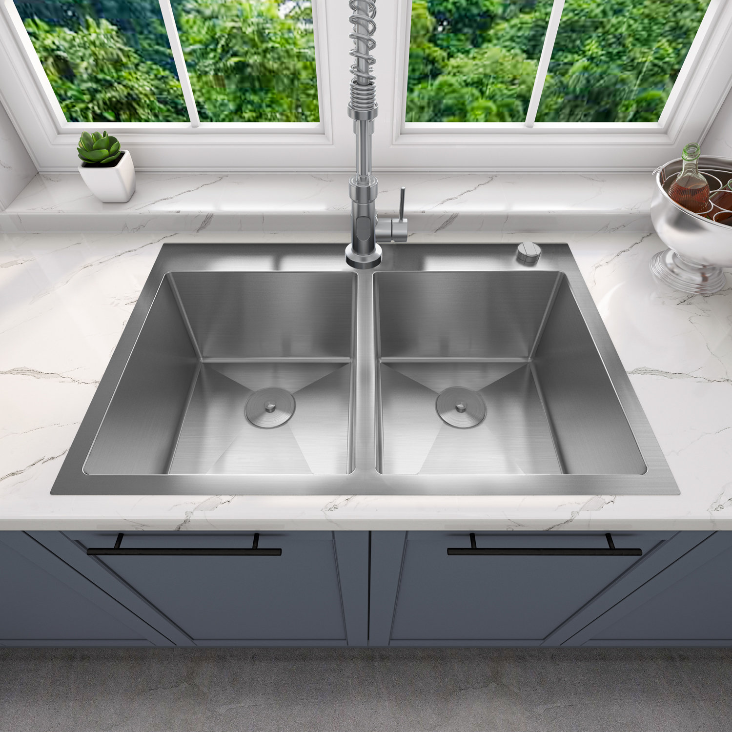 Fregadero de cocina de montaje superior hecho a mano cepillado de acero inoxidable 304 empotrable de 33 pulgadas con doble cuenco