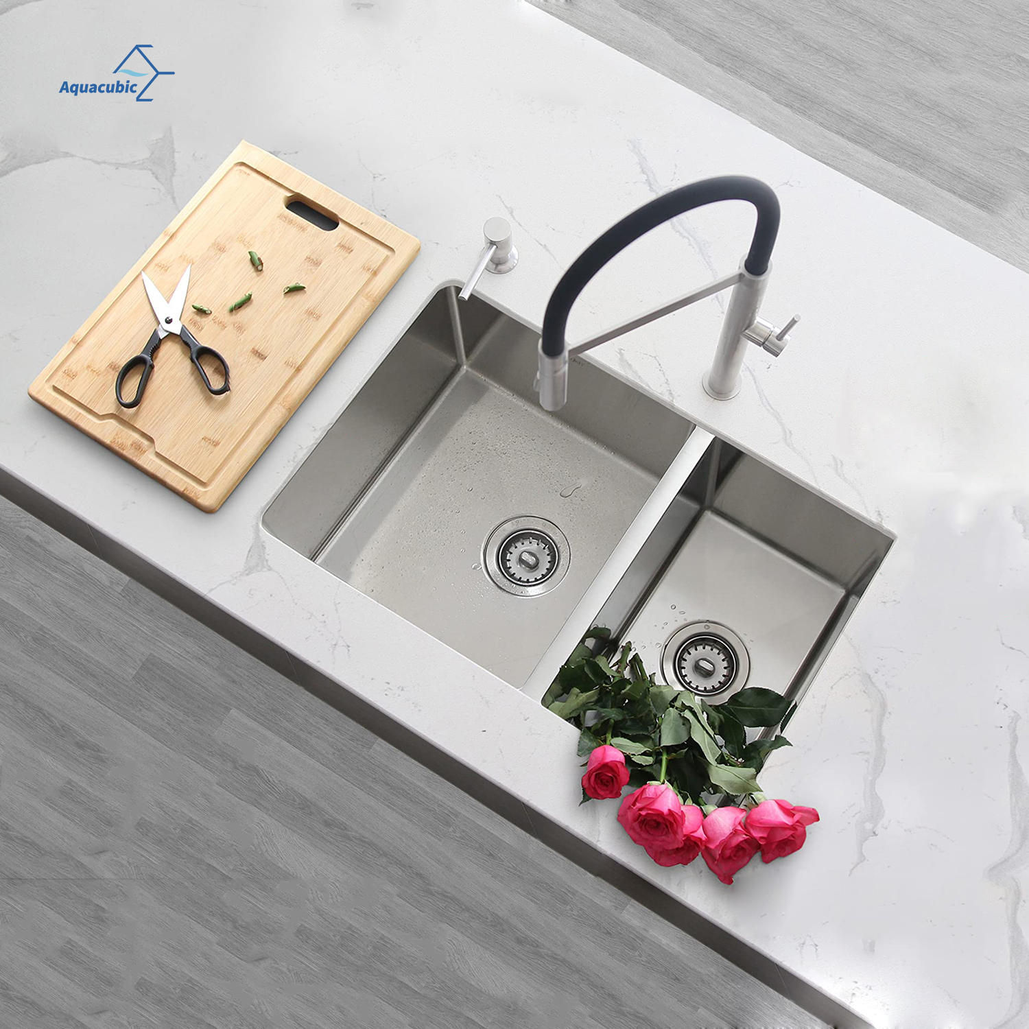 Fregadero de cocina con fregadero doble de acero inoxidable de alta calidad personalizado, hecho a mano, producido en Tailandia