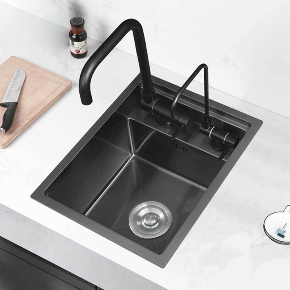 Fregadero oculto negro, fregadero de cocina oculto hecho a mano de acero inoxidable 304 con grifo de elevación con tapa abatible inteligente
