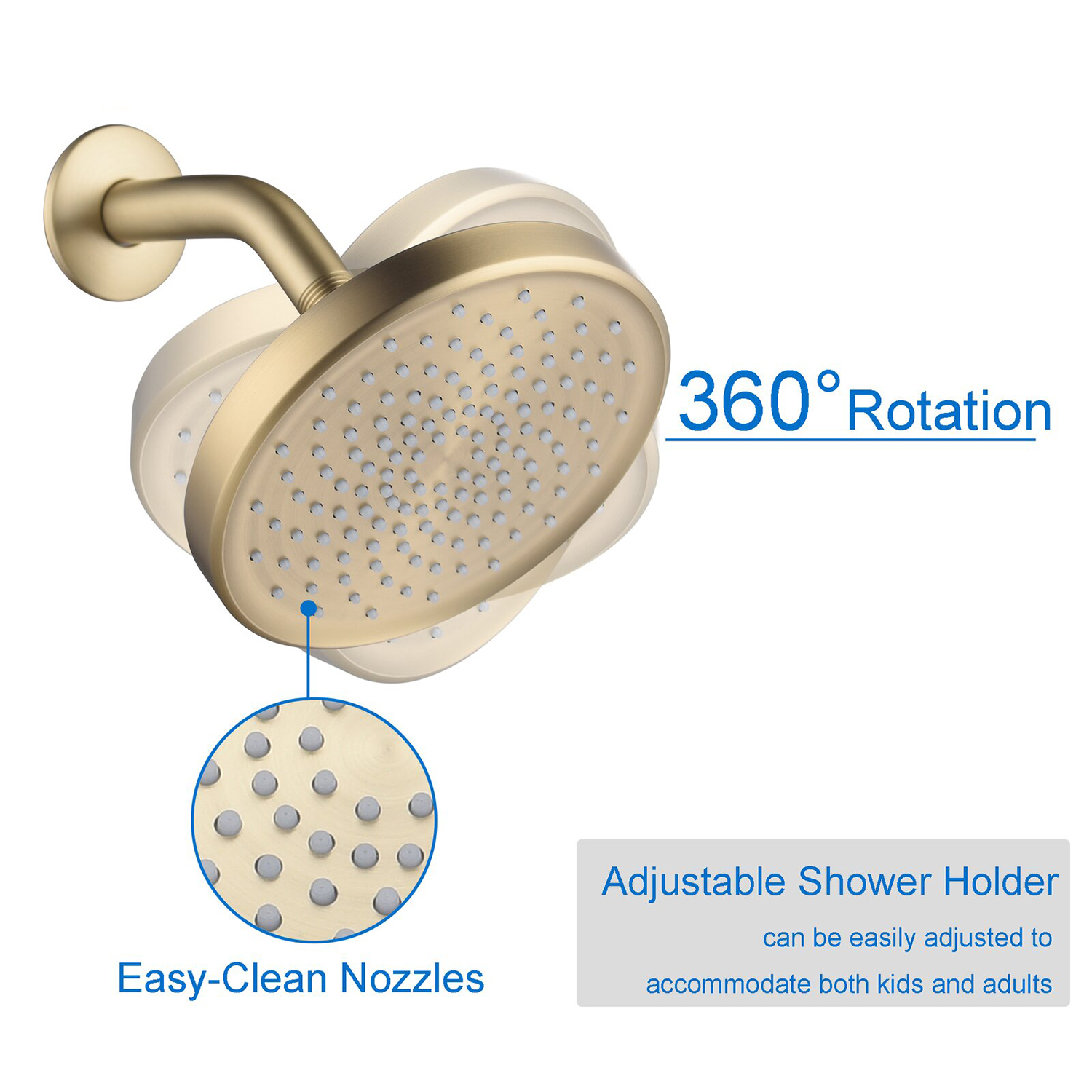 Cabezal de ducha dorado cepillado de alta presión de 6 pulgadas y 2.5 GPM