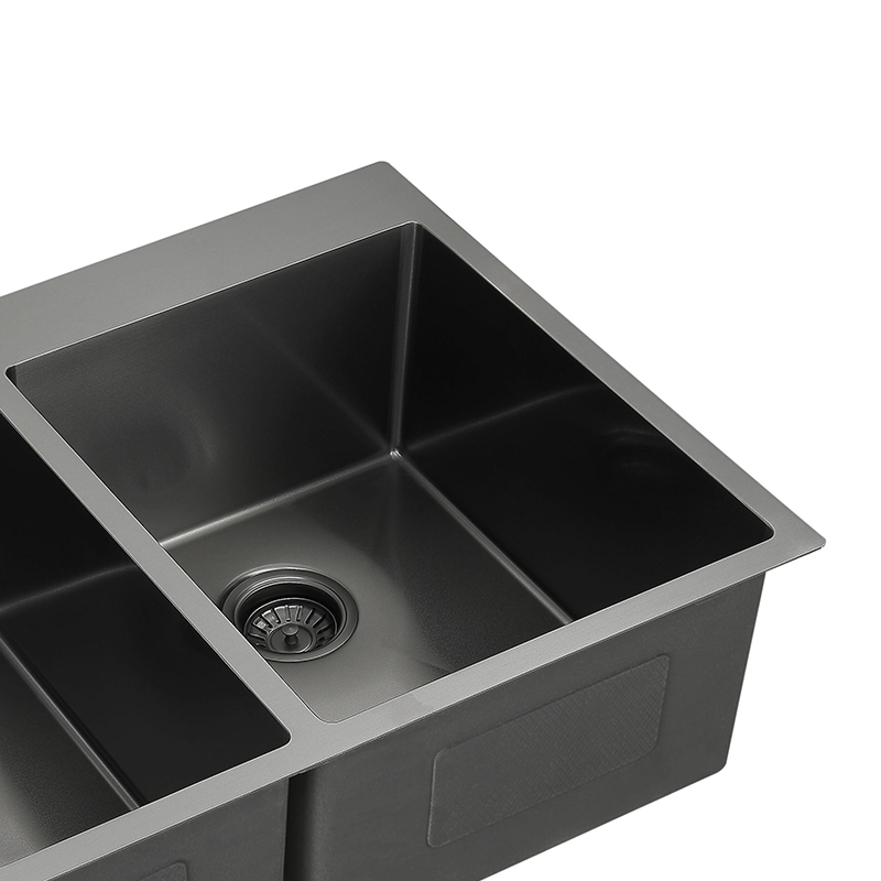 Fregadero de cocina de doble cubeta hecho a mano de acero inoxidable con un orificio para grifo