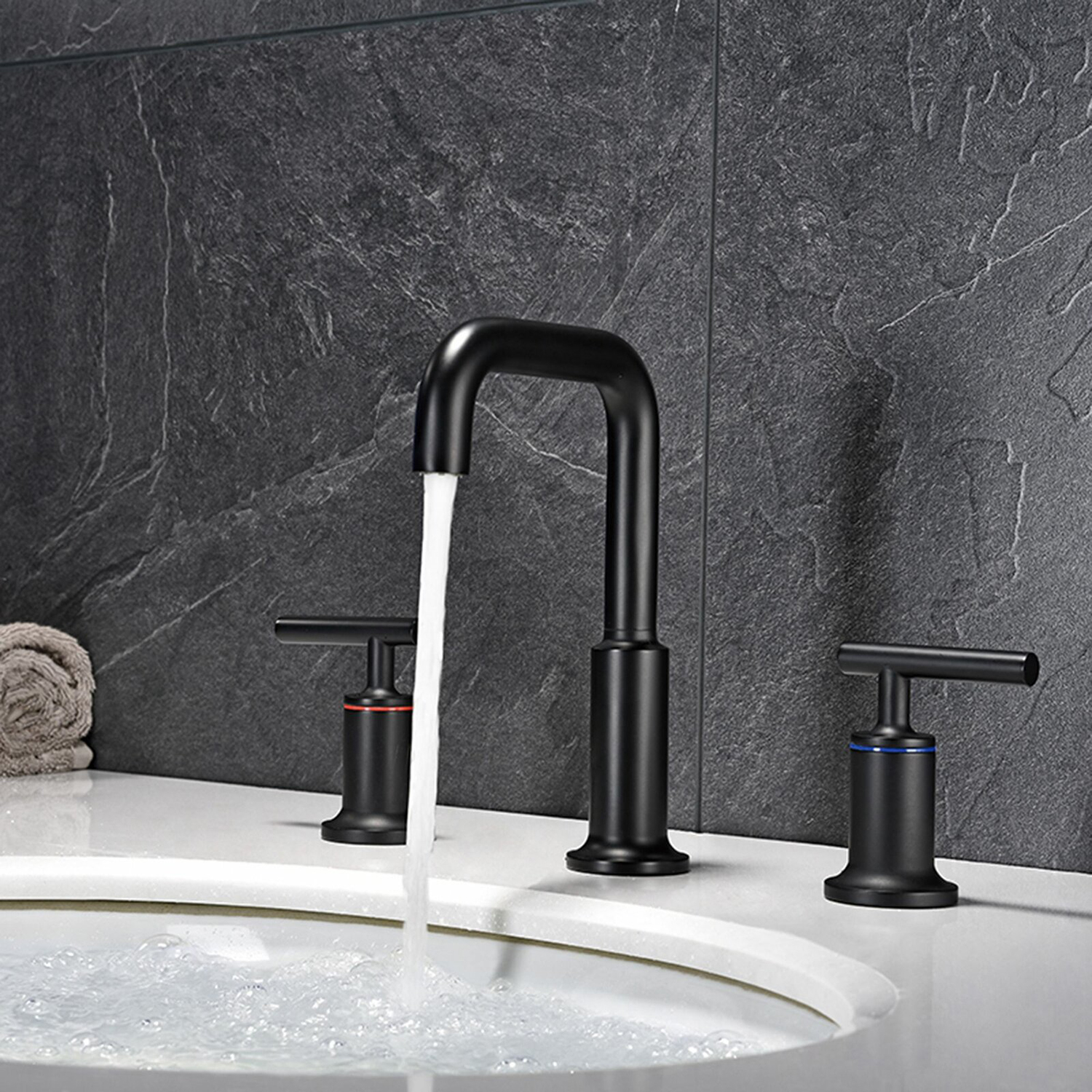 Grifo para lavabo de baño Aquacubic High Arc de dos manijas, color negro, 3 orificios con desagüe emergente