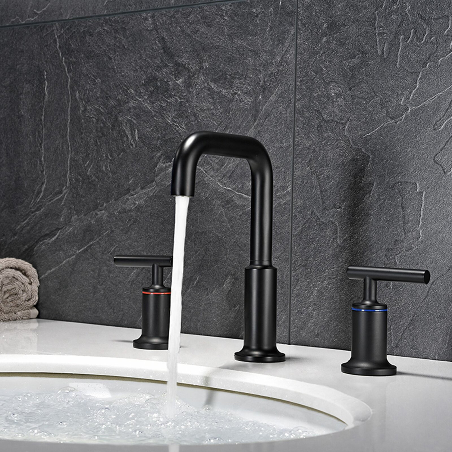 Grifo para lavabo de baño Aquacubic High Arc de dos manijas, color negro, 3 orificios con desagüe emergente