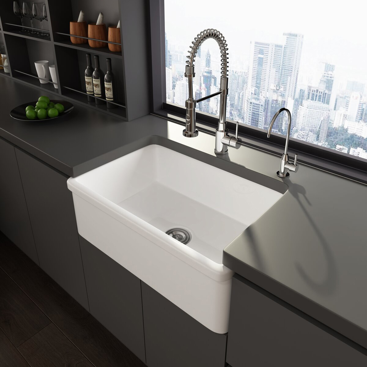 Diseño único Fregadero de cocina de cerámica de arcilla refractaria reversible rectangular de un solo tazón de granja de 30 x 20 pulgadas con colador y rejilla inferior protectora