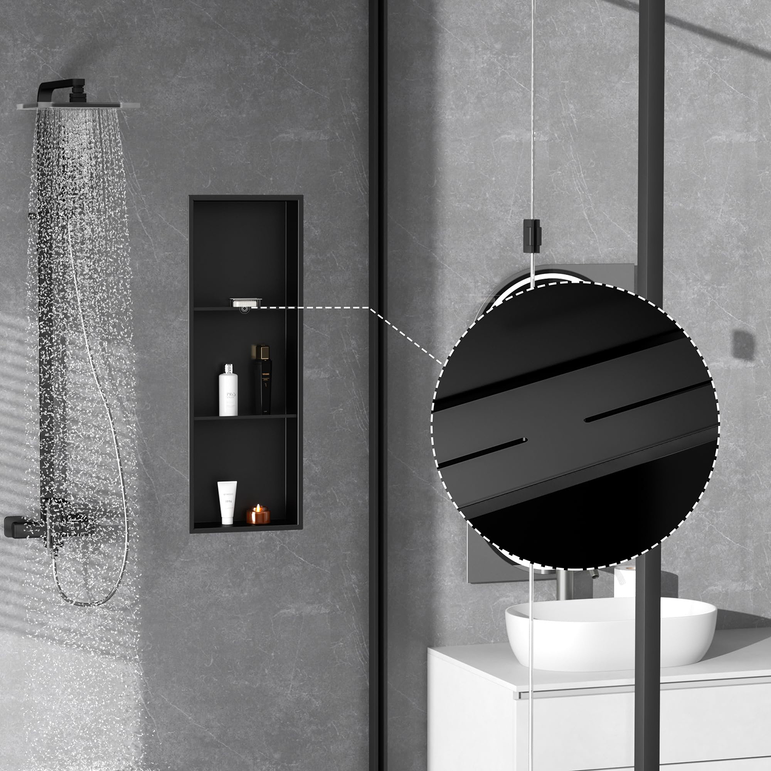 Nichos de metal para ducha empotrados de 3 niveles, color negro mate, acero inoxidable 304, directo de fábrica