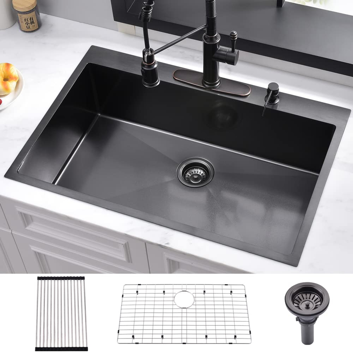 Fregadero de cocina de montaje superior de lavabo hecho a mano de acero inoxidable 304 rectangular de granito profundo moderno de 36 '× 22 '