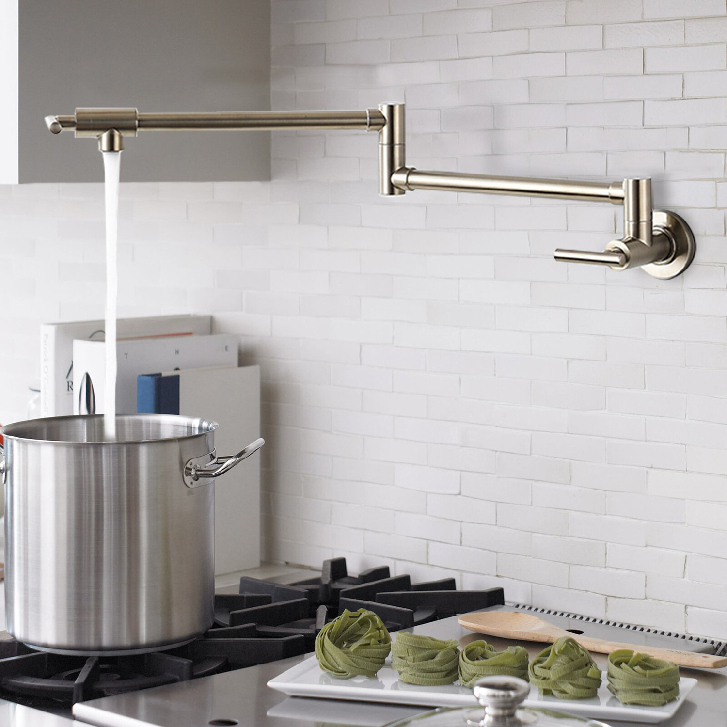 Grifo de fregadero de cocina moderno plegable estirable con un solo orificio Montaje en pared Grifo de cocina de llenado de ollas Grifo de cocina de latón macizo Dos manijas Grifos plegables de llenado de ollas