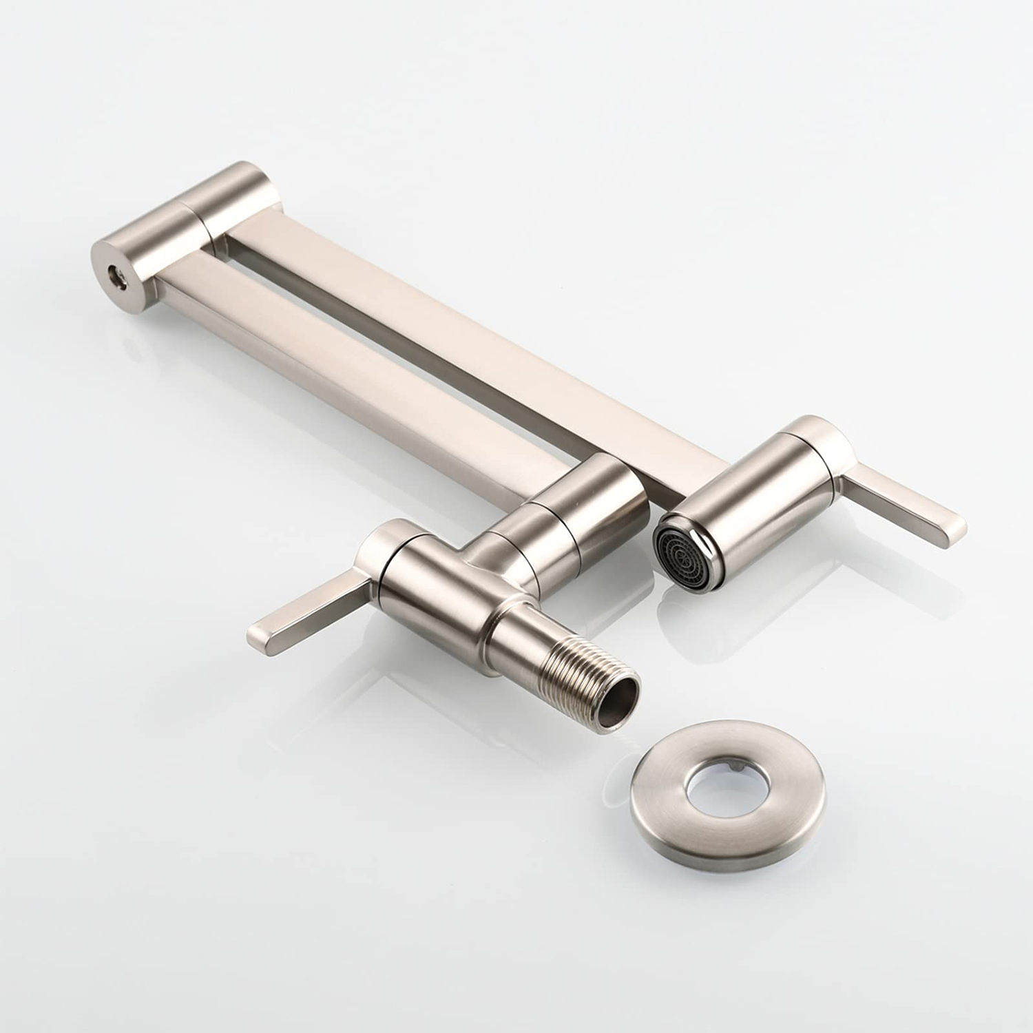 Grifo de cocina para llenado de ollas Aquacubic, grifo de olla de montaje en pared de níquel cepillado con brazos plegables para fregadero de cocina