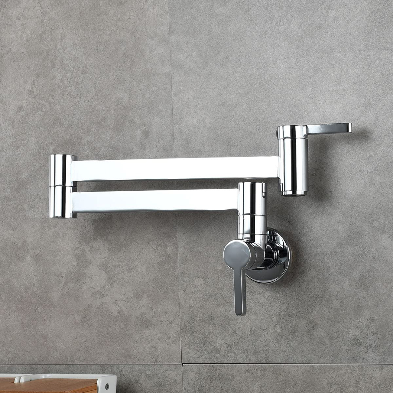 Grifo de llenado de ollas Montaje en pared Cromo pulido Cocina Restaurante Fregadero Grifo comercial extensible con brazo oscilante de doble articulación plegable Orificio único Dos manijas