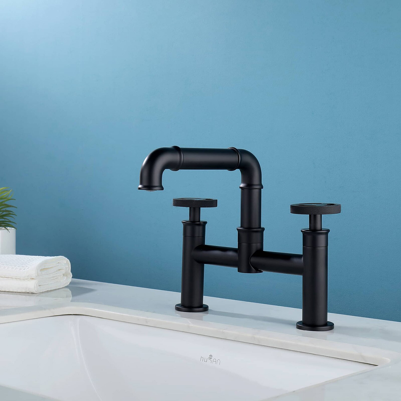Grifo para fregadero de baño, tubo industrial, color negro mate, 2 asas, puente de latón macizo, grifo para fregadero de cocina y baño