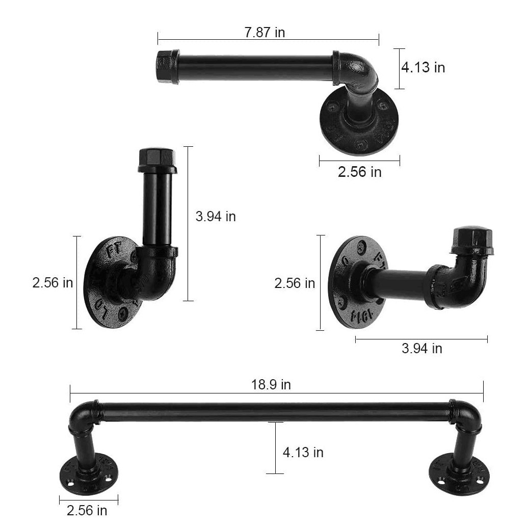 Juego de accesorios de baño de tubería industrial galvanizada, moderno y elegante, color negro, de Pipe Decor, kit de 4 piezas