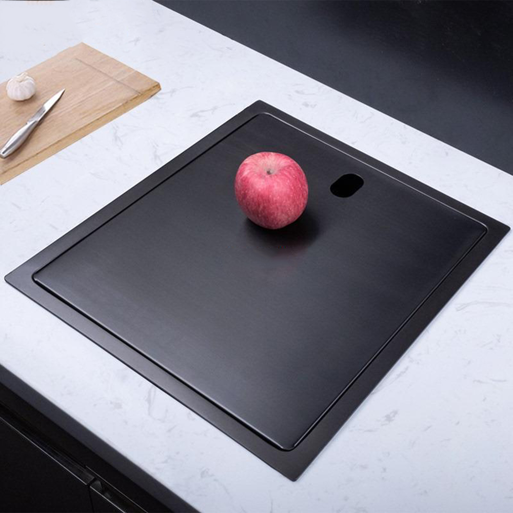 Fregadero oculto negro, fregadero de cocina oculto hecho a mano de acero inoxidable 304 con grifo de elevación con tapa abatible inteligente