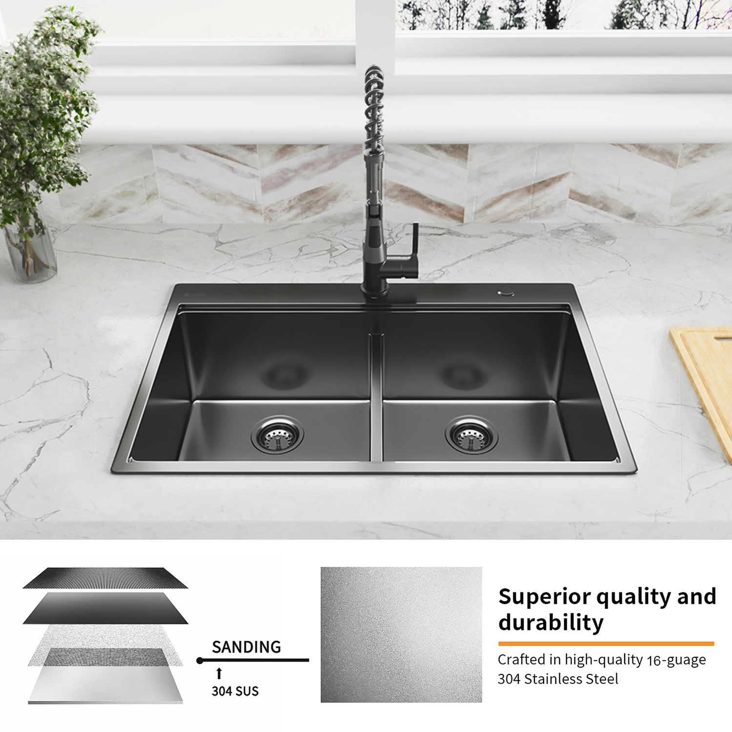 Aquacubic fregadero de cocina de montaje superior de doble cuenco de acero inoxidable 304 negro bronce de 33x22 pulgadas con repisa y accesorios