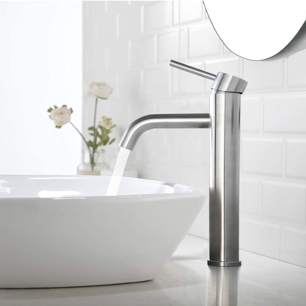 Grifo monomando alto Aquacubic de acero inoxidable para fregadero de recipiente, grifo mezclador para lavabo con drenaje emergente