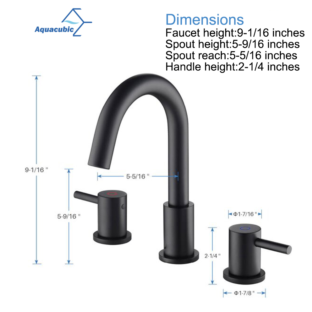 Grifo de baño Aquacubic cUPC sin plomo, 8 pulgadas, 3 orificios, arco bajo, 2 manijas, extendido, negro mate