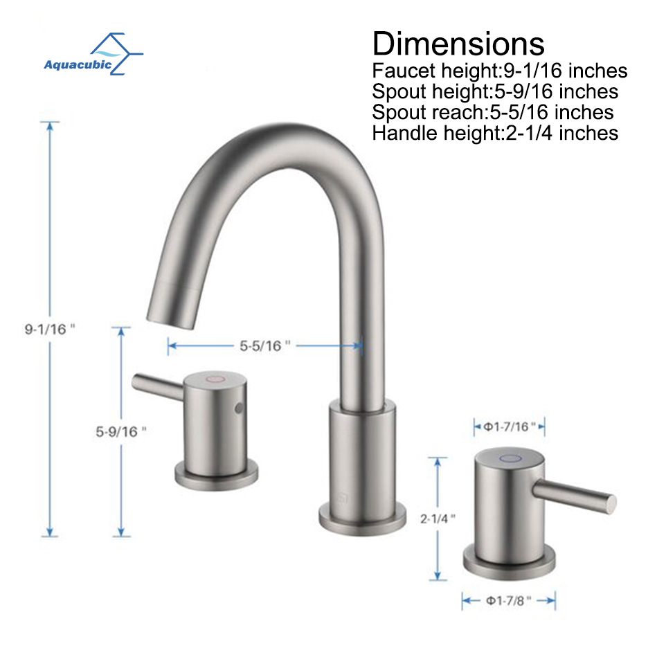 Grifo de baño de níquel cepillado generalizado de arco alto con dos manijas Aquacubic con desagüe emergente y líneas de suministro