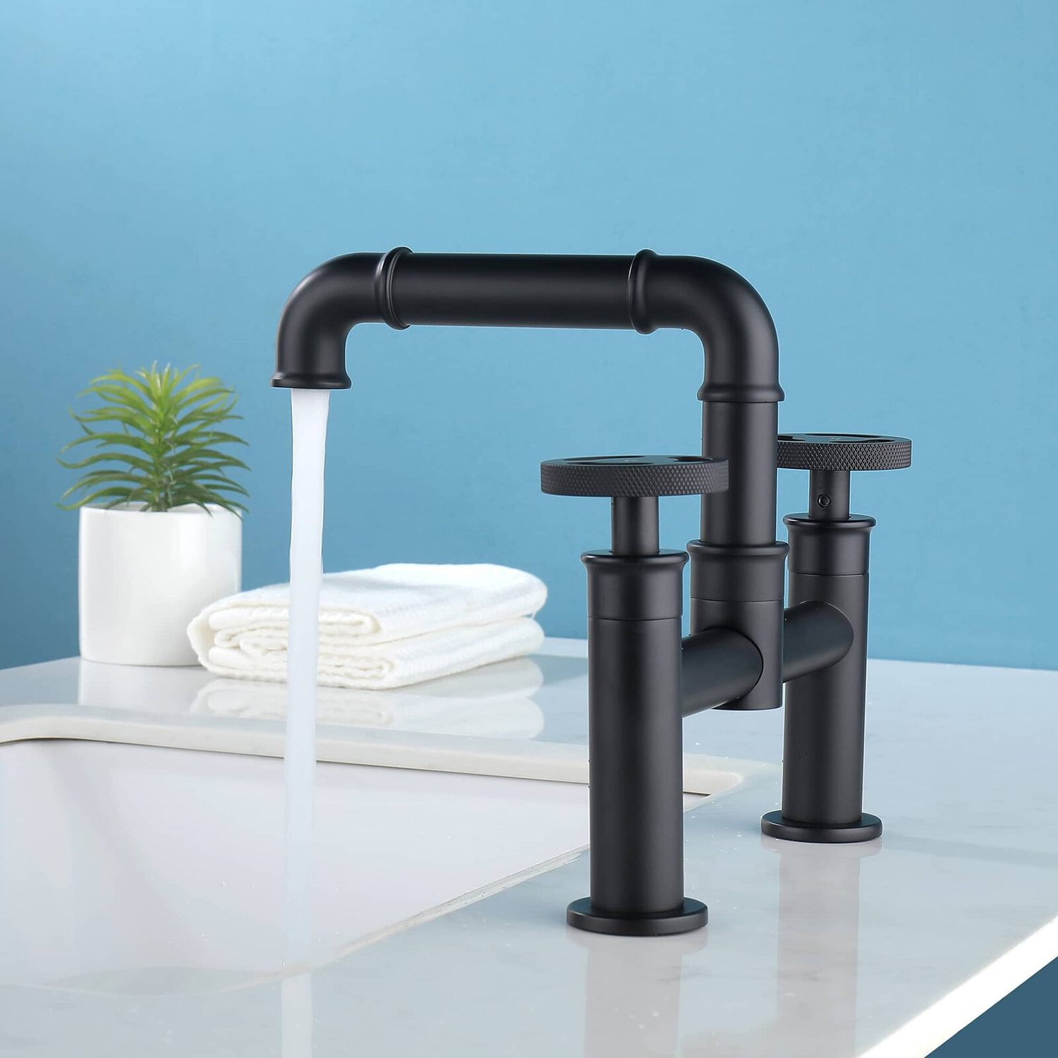 Grifo para fregadero de baño, tubo industrial, color negro mate, 2 asas, puente de latón macizo, grifo para fregadero de cocina y baño