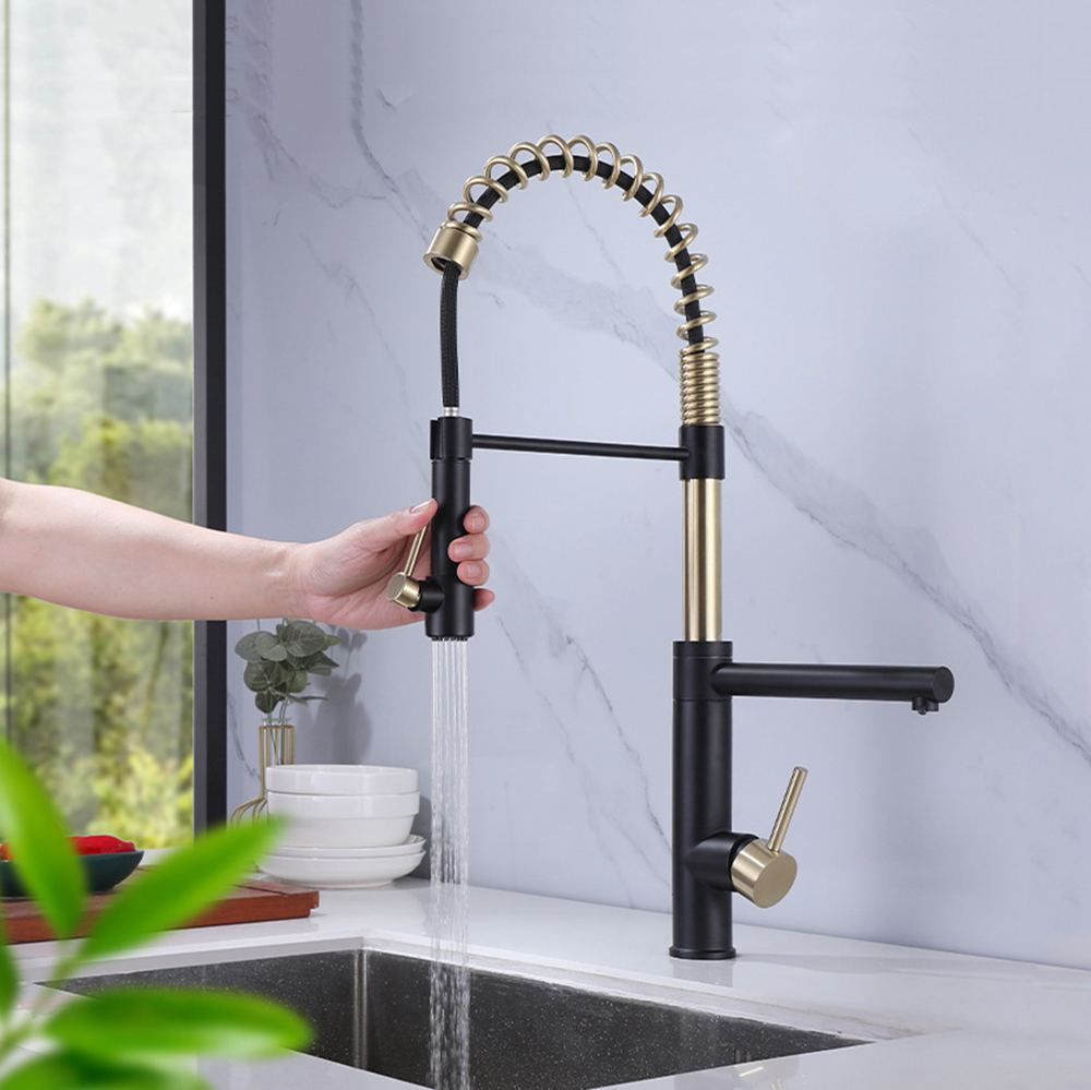 Aquacubic vende bien, rociador desplegable negro y dorado, grifo mezclador de resorte, grifo de cocina de latón de doble cabezal con caño para beber