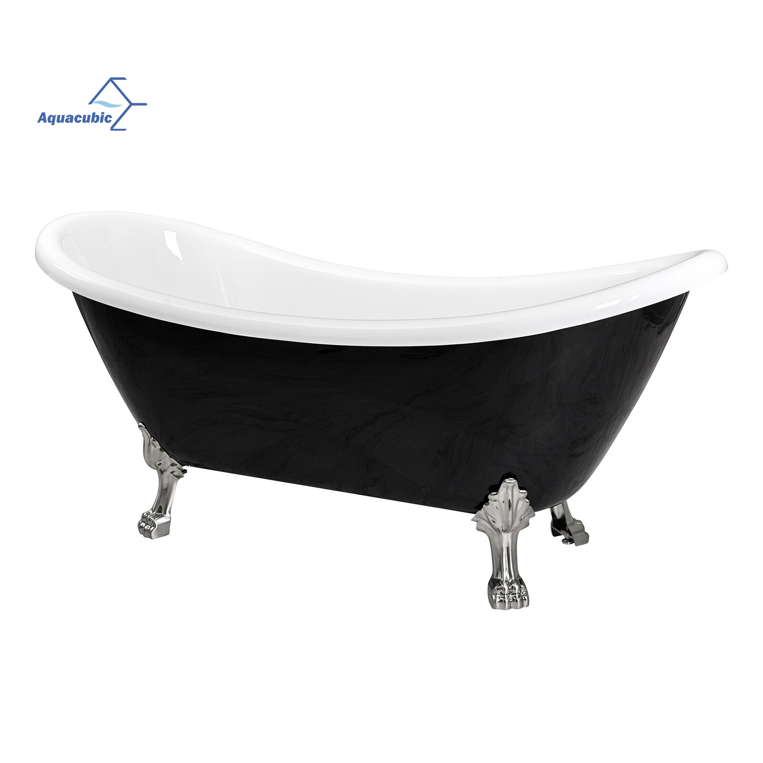 Bañera acrílica blanca, bañera independiente moderna con pie de apoyo plateado, bañeras cómodas