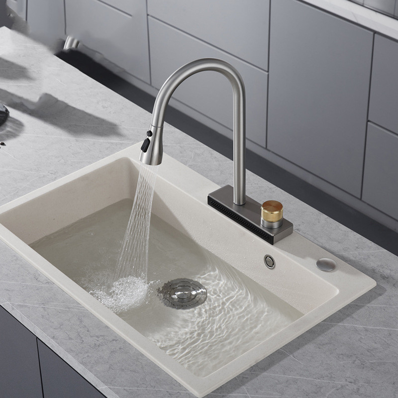 Grifo de cocina de cascada inteligente negro de China con grifos de fregadero con pulverizador desplegable, grifo mezclador de cocina de una sola manija