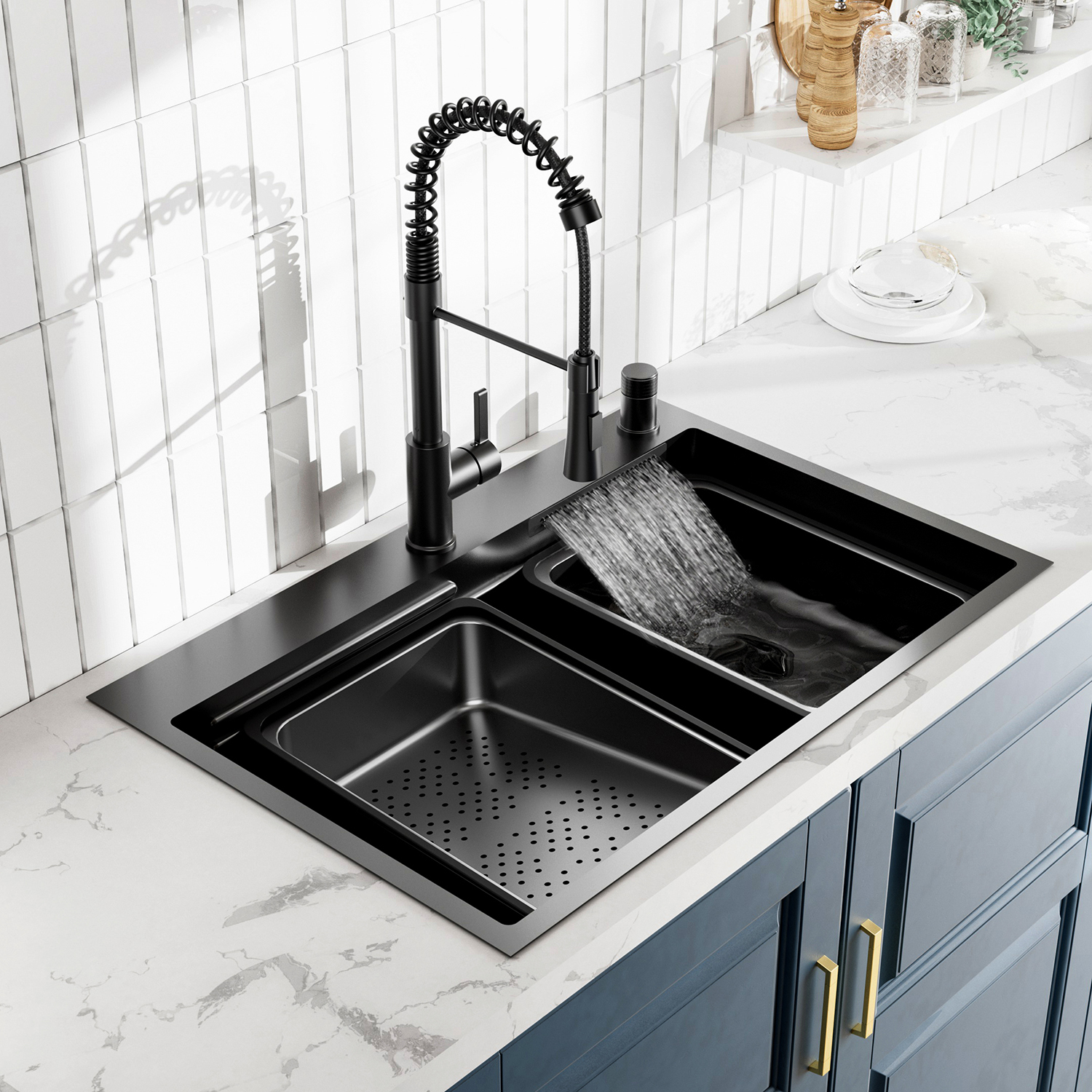Fregaderos de lujo Gunmetal Black, grifo en cascada, gran oferta, fregadero de cocina multifunción de acero inoxidable 304 con accesorios para grifos