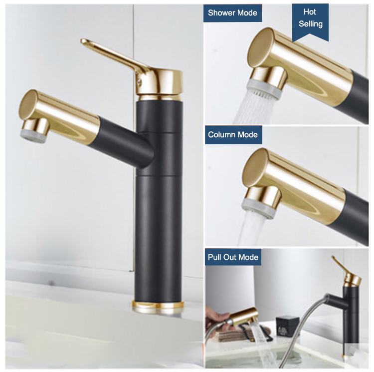 Grifos de agua de grifo de baño extraíbles de oro negro Aquacubic con tubo de dibujo Flexible