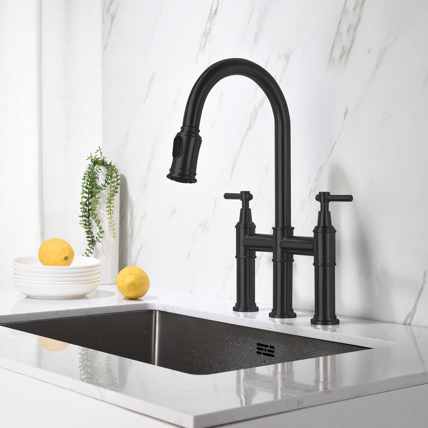 Grifo de puente de grifo de fregadero mate con mango de zinc extraíble