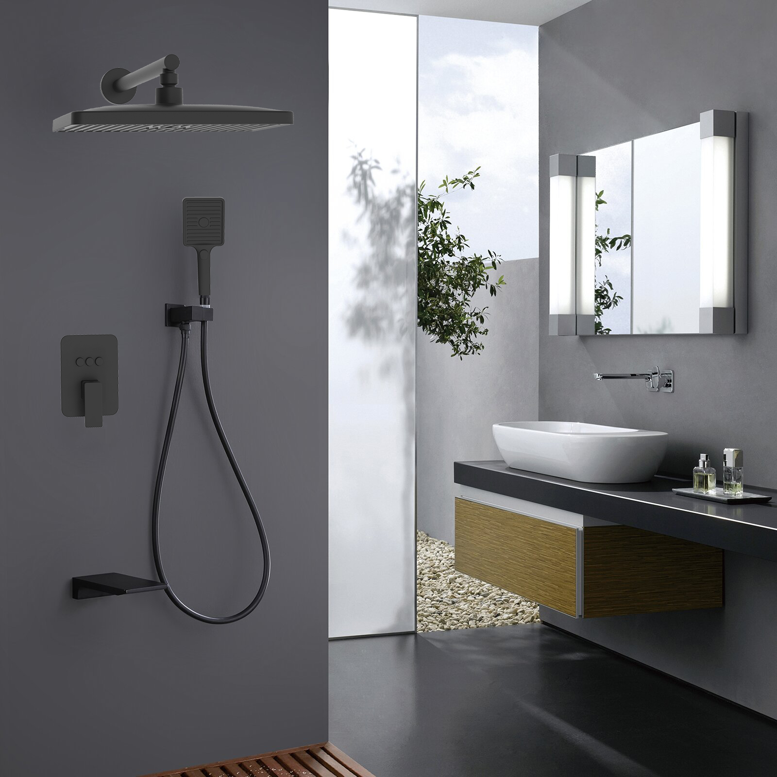 Juego combinado de ducha mezclador tipo lluvia negro de lujo para baño de 12 pulgadas con certificación Aquacubic cUPC