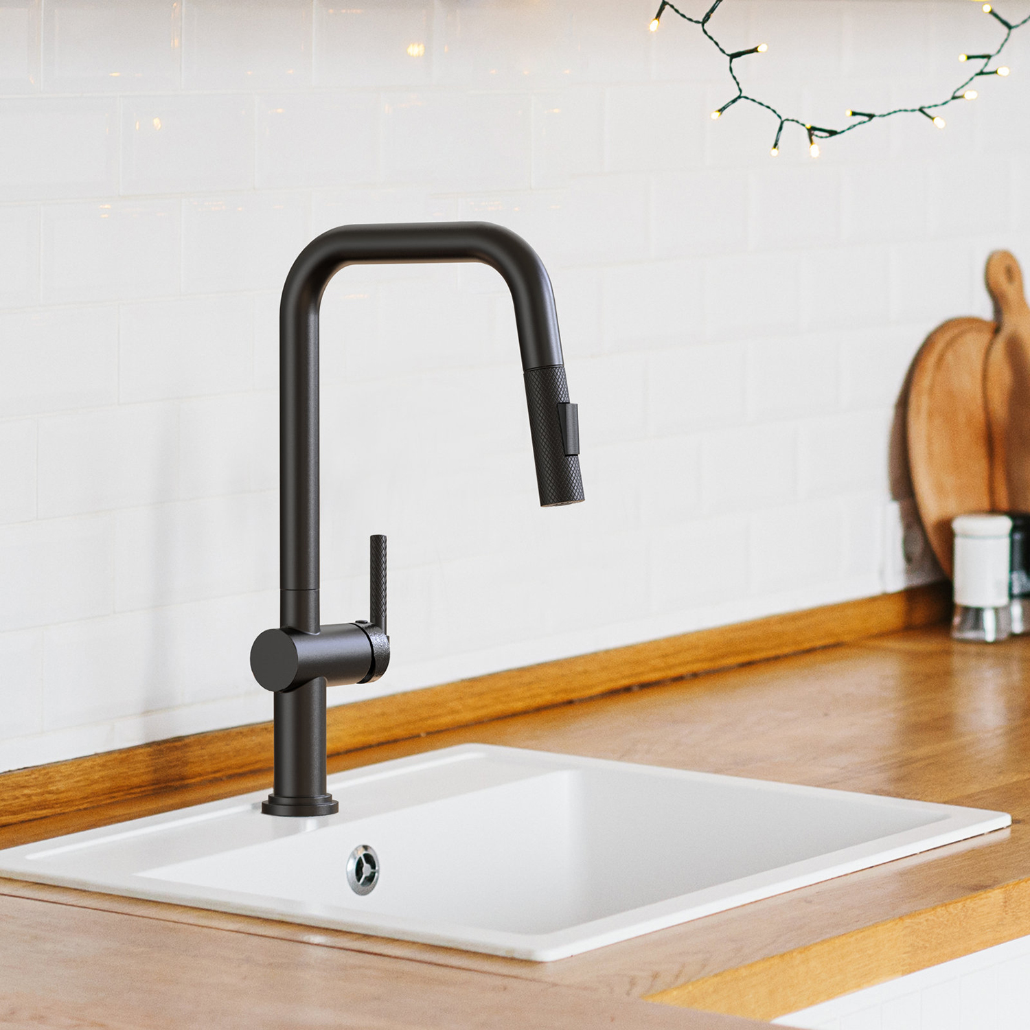 Grifo mezclador para fregadero montado en cubierta giratorio de 360 ​​grados americano CUPC, grifo de cocina de latón negro moderno