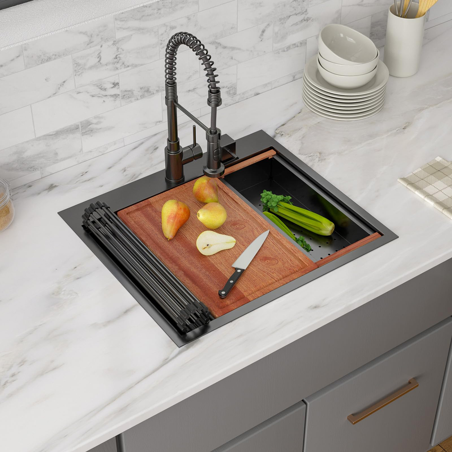 Fregadero de estación de trabajo de cocina de acero inoxidable negro de 25x22, fregadero de cocina profundo de un solo tazón de calibre 16 con tabla de cortar
