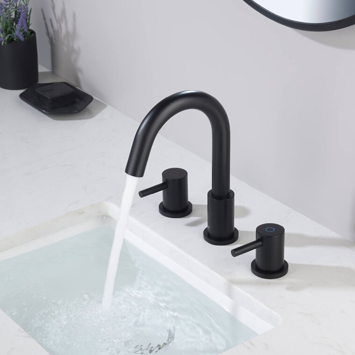 Grifo de baño Aquacubic cUPC sin plomo, 8 pulgadas, 3 orificios, arco bajo, 2 manijas, extendido, negro mate