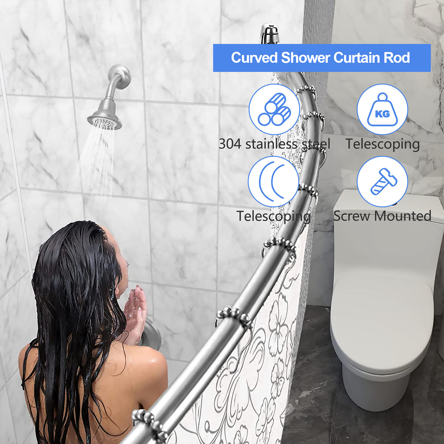 Exquisita barra de ducha de acero inoxidable arqueada, redondeada y ajustable, cromada, personalizada para bañera