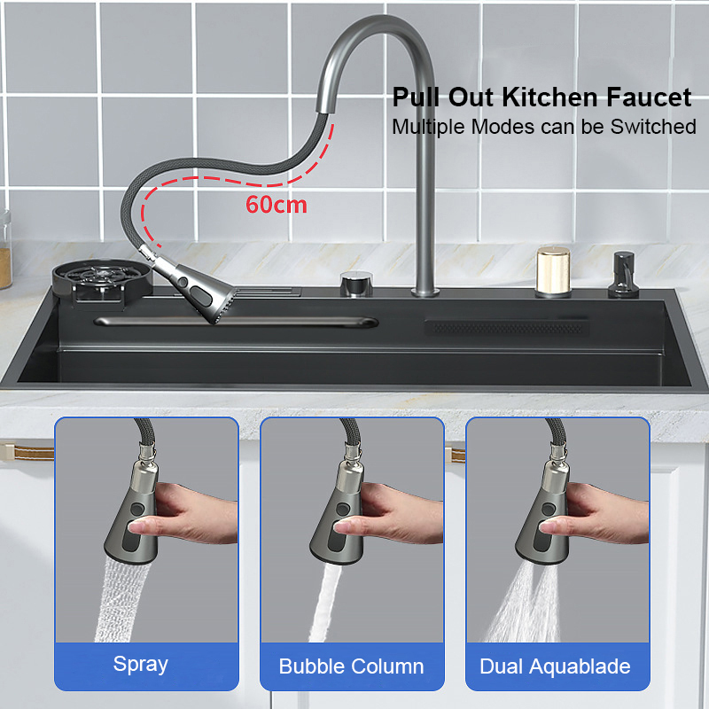 Fregaderos de lujo Gunmetal Black, grifo en cascada, gran oferta, fregadero de cocina multifunción de acero inoxidable 304 con accesorios para grifos