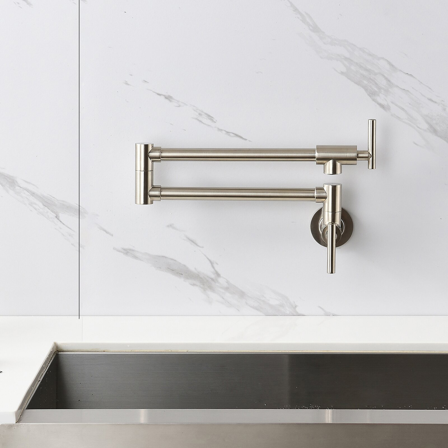 Grifo de fregadero de cocina moderno plegable estirable con un solo orificio Montaje en pared Grifo de cocina de llenado de ollas Grifo de cocina de latón macizo Dos manijas Grifos plegables de llenado de ollas