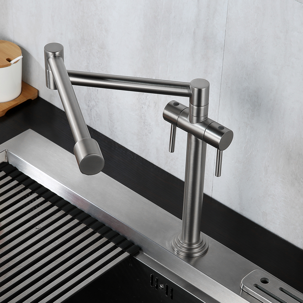 Grifo de llenado de ollas de montaje en cubierta de níquel cepillado Agua caliente y fría Manija doble Encimera Juntas dobles Grifo de fregadero de cocina comercial retráctil giratorio de 360 ​​​​° Acero inoxidable
