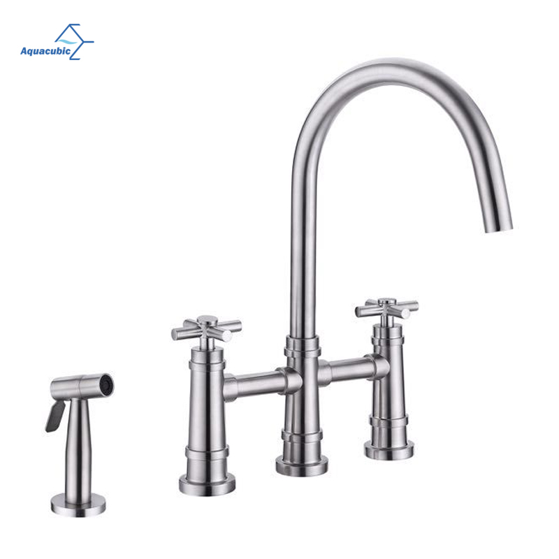 Proveedor de fábrica, grifo giratorio de latón para fregadero de cocina de 4 agujeros, grifo de cocina de puente