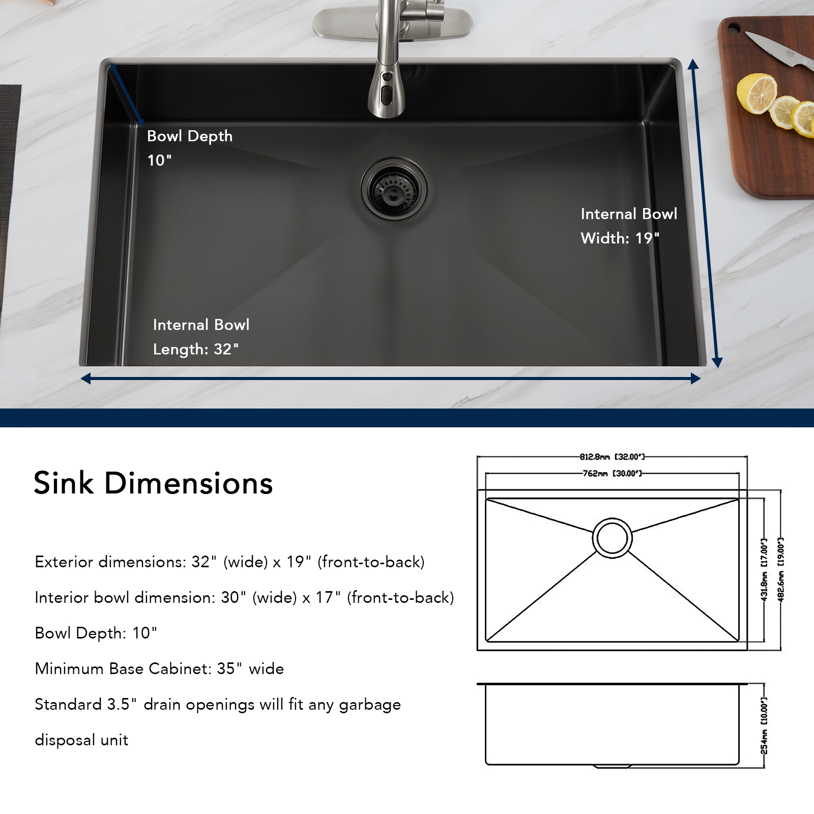 Fregadero de cocina bajo encimera de un solo recipiente de acero inoxidable negro 304