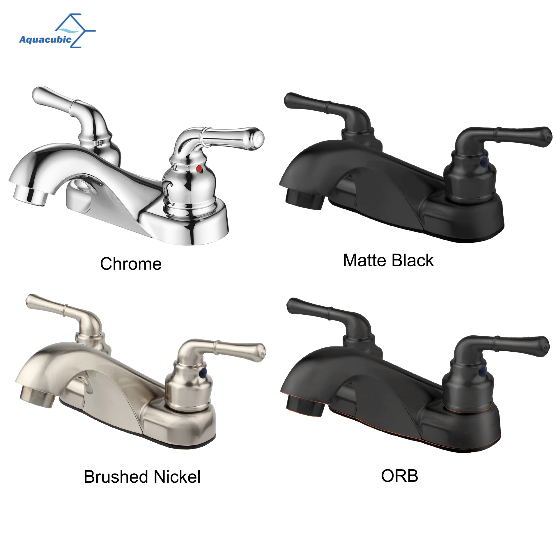 Grifo moderno cepillado para lavabo de baño con juego central de arco bajo y 2 manijas