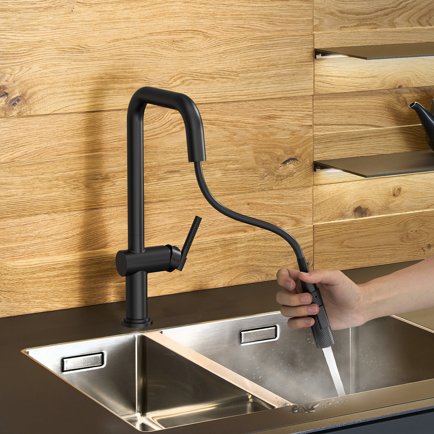 Grifo mezclador para fregadero montado en cubierta giratorio de 360 ​​grados americano CUPC, grifo de cocina de latón negro moderno