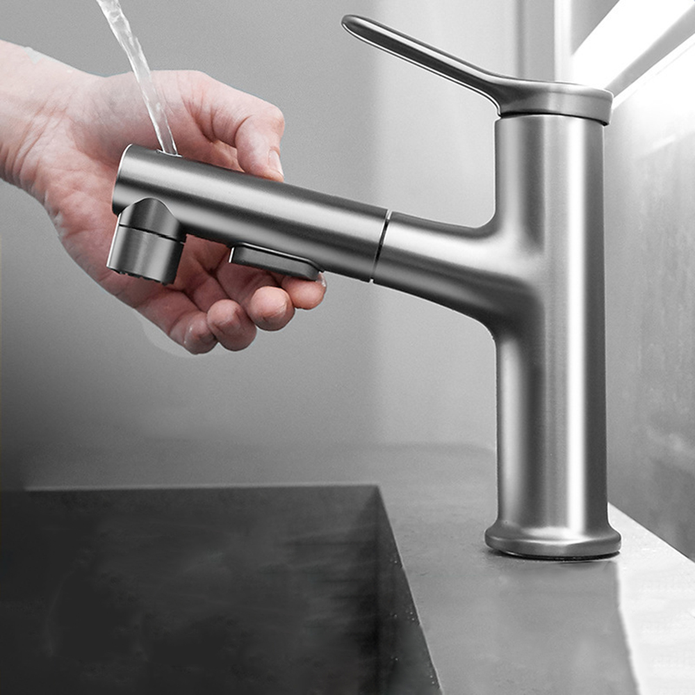 Aquacubic Certified Gunmental grey Single Holes Grifo para lavabo con rociador extraíble montado en cubierta