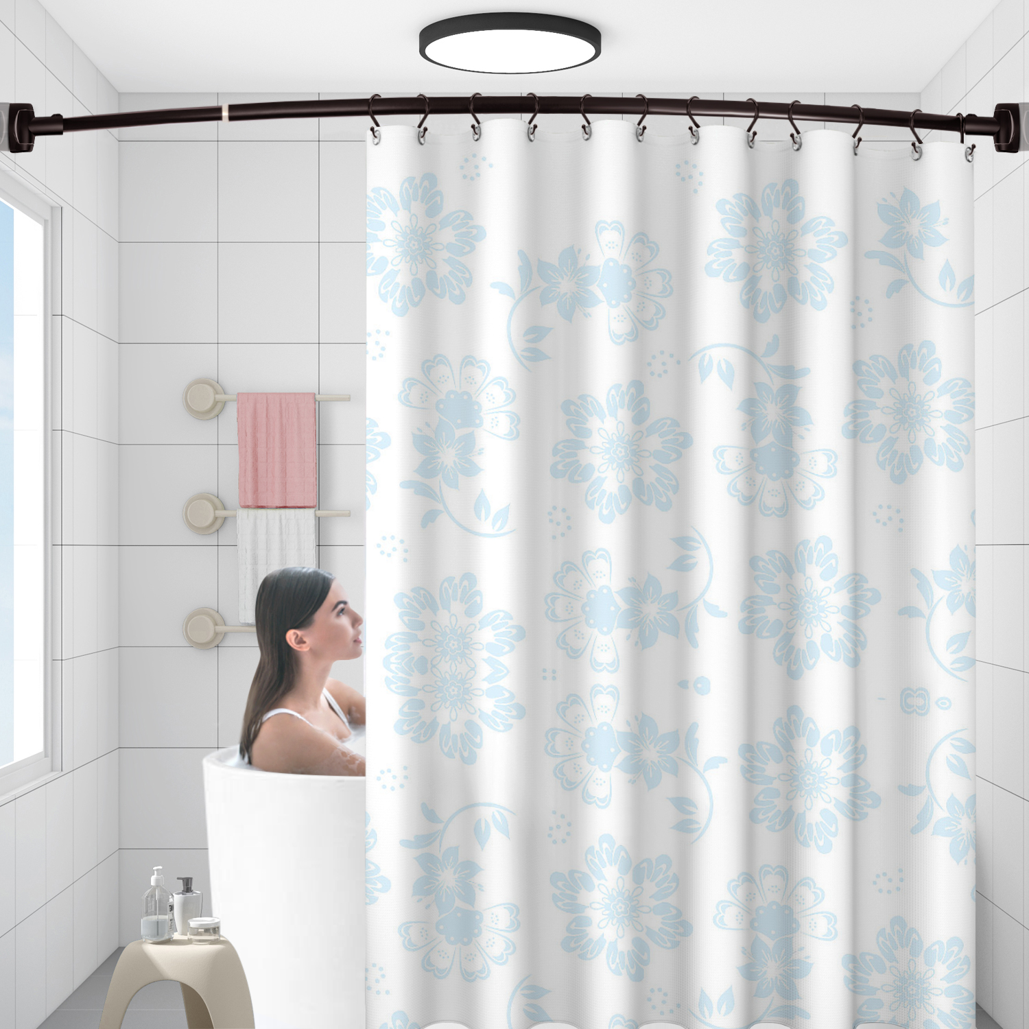 Venta al por mayor de bronce estirable 304 inoxidable curvado baño bañera esquina cortina de ducha estante (50 '-72 ')