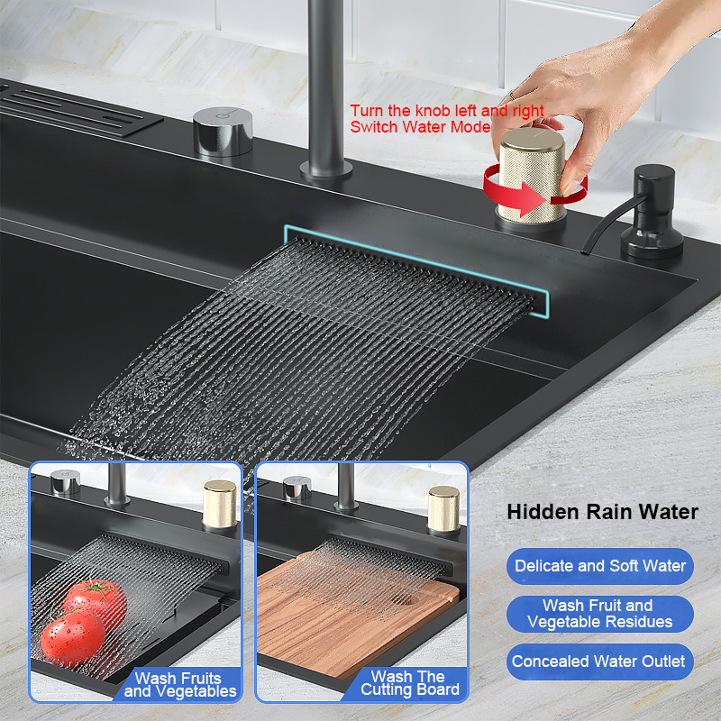 Fregaderos de lujo Gunmetal Black, grifo en cascada, gran oferta, fregadero de cocina multifunción de acero inoxidable 304 con accesorios para grifos
