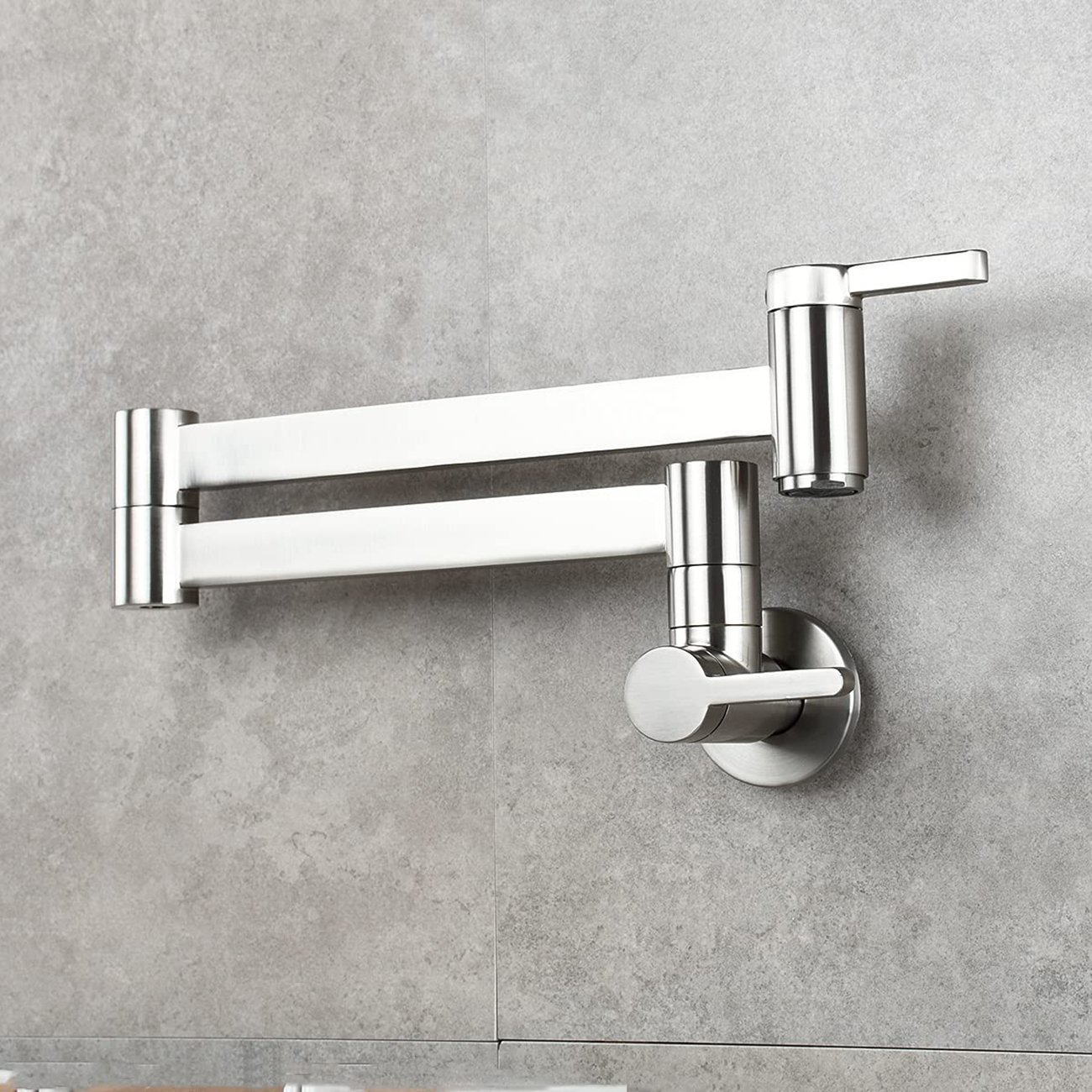Grifo de cocina para llenado de ollas Aquacubic, grifo de olla de montaje en pared de níquel cepillado con brazos plegables para fregadero de cocina