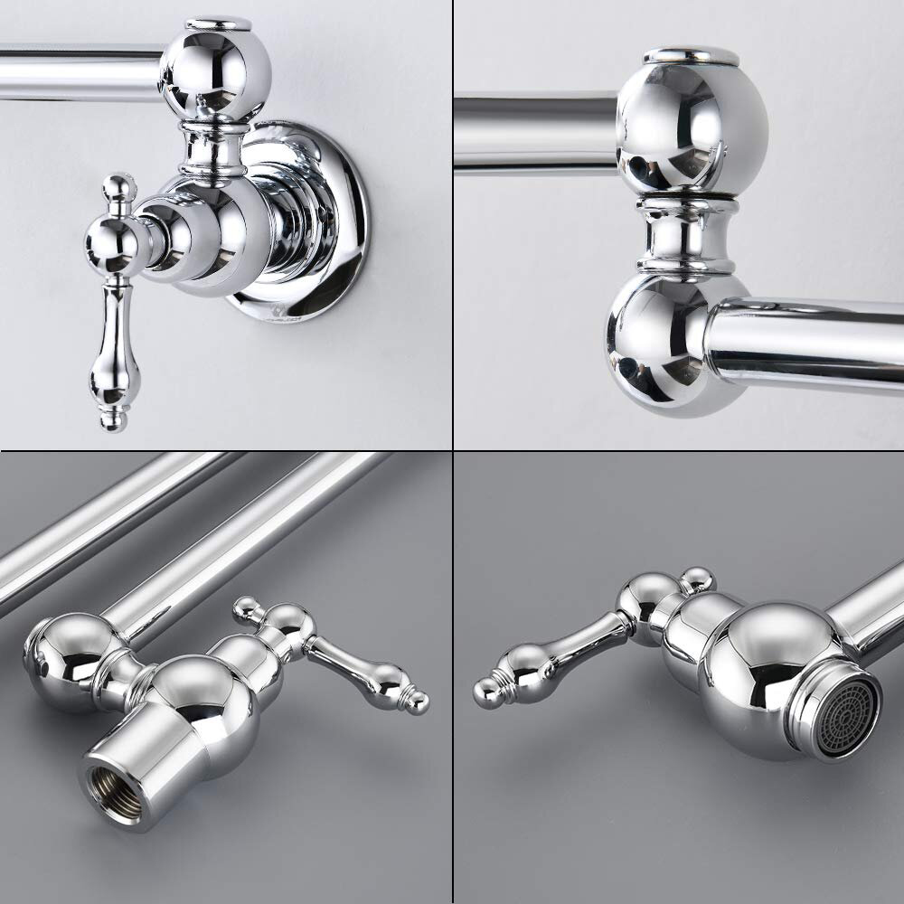 Grifo de llenado de ollas Aquacubic Grifo de estufa de cocina de montaje en pared comercial Acabado en cromo pulido Grifo de fregadero de restaurante plegable con brazo oscilante de doble articulación y 2 manijas