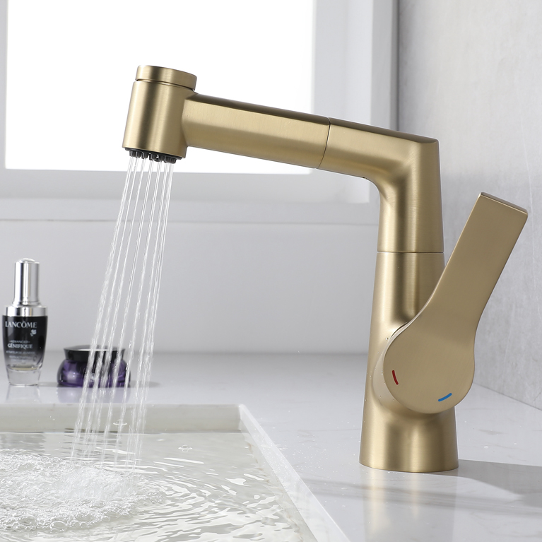 Accesorios de baño Fabricante de China Grifo de lavabo extraíble de oro cepillado de un solo mango Lavabo Grifo de lavabo de baño