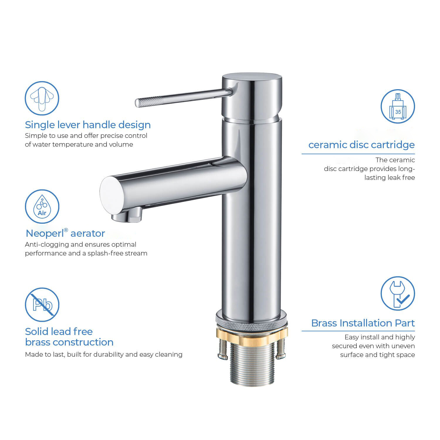 Lavabo de alta calidad cUPC Health Fancy de un solo orificio, construcción de latón macizo, grifo de baño de un solo orificio
