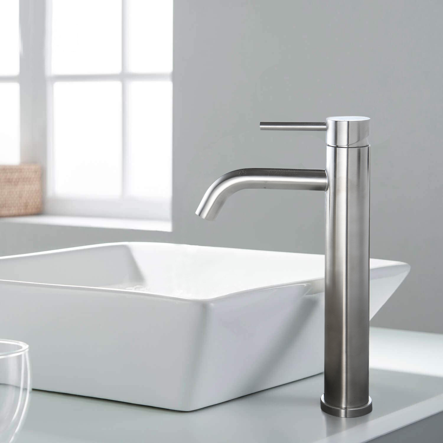 Grifo monomando alto Aquacubic de acero inoxidable para fregadero de recipiente, grifo mezclador para lavabo con drenaje emergente