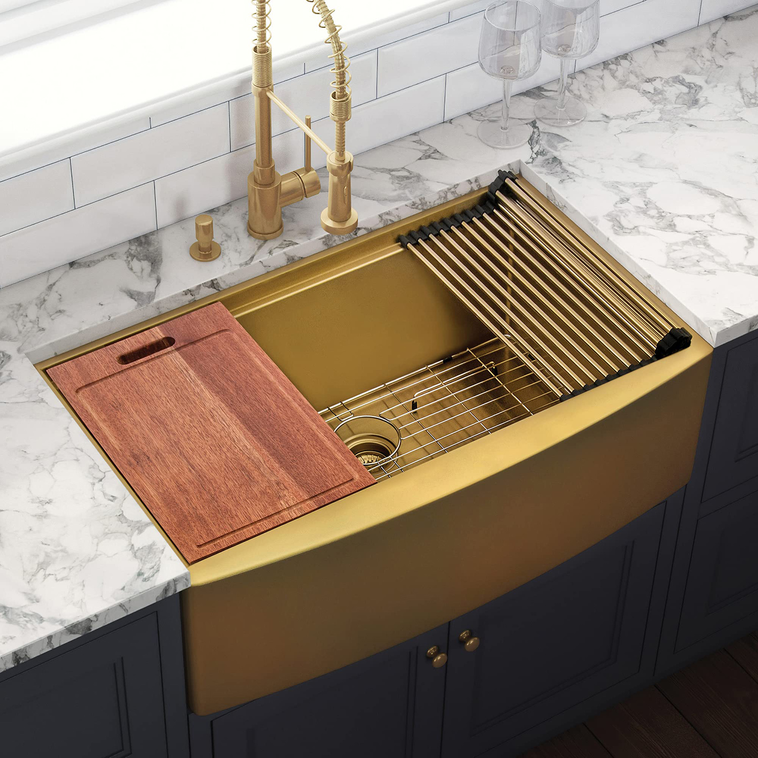 Fregadero de cocina de un solo cuenco hecho a mano de acero inoxidable 304, color dorado, PVD, con repisa