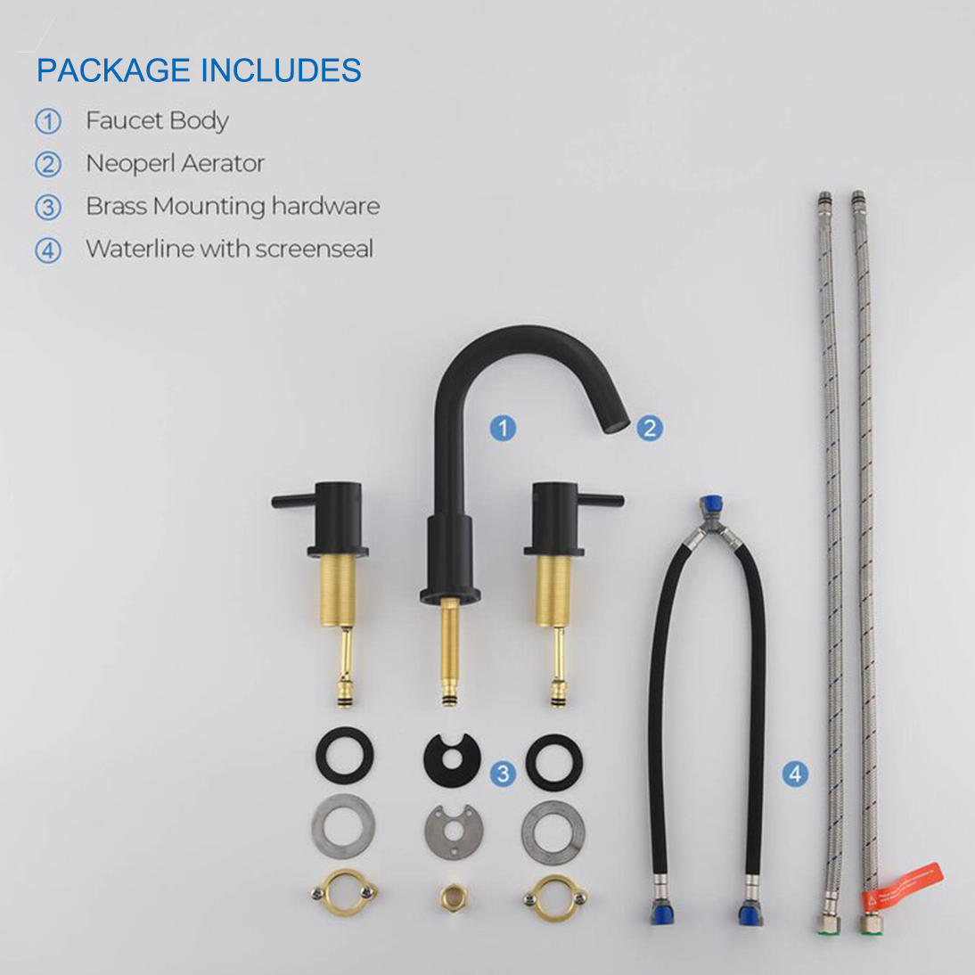 Grifo de baño Aquacubic cUPC sin plomo, 8 pulgadas, 3 orificios, arco bajo, 2 manijas, extendido, negro mate